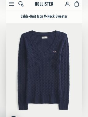 Hollister Cable-Knit V-Neck Sweater - Navy Blue